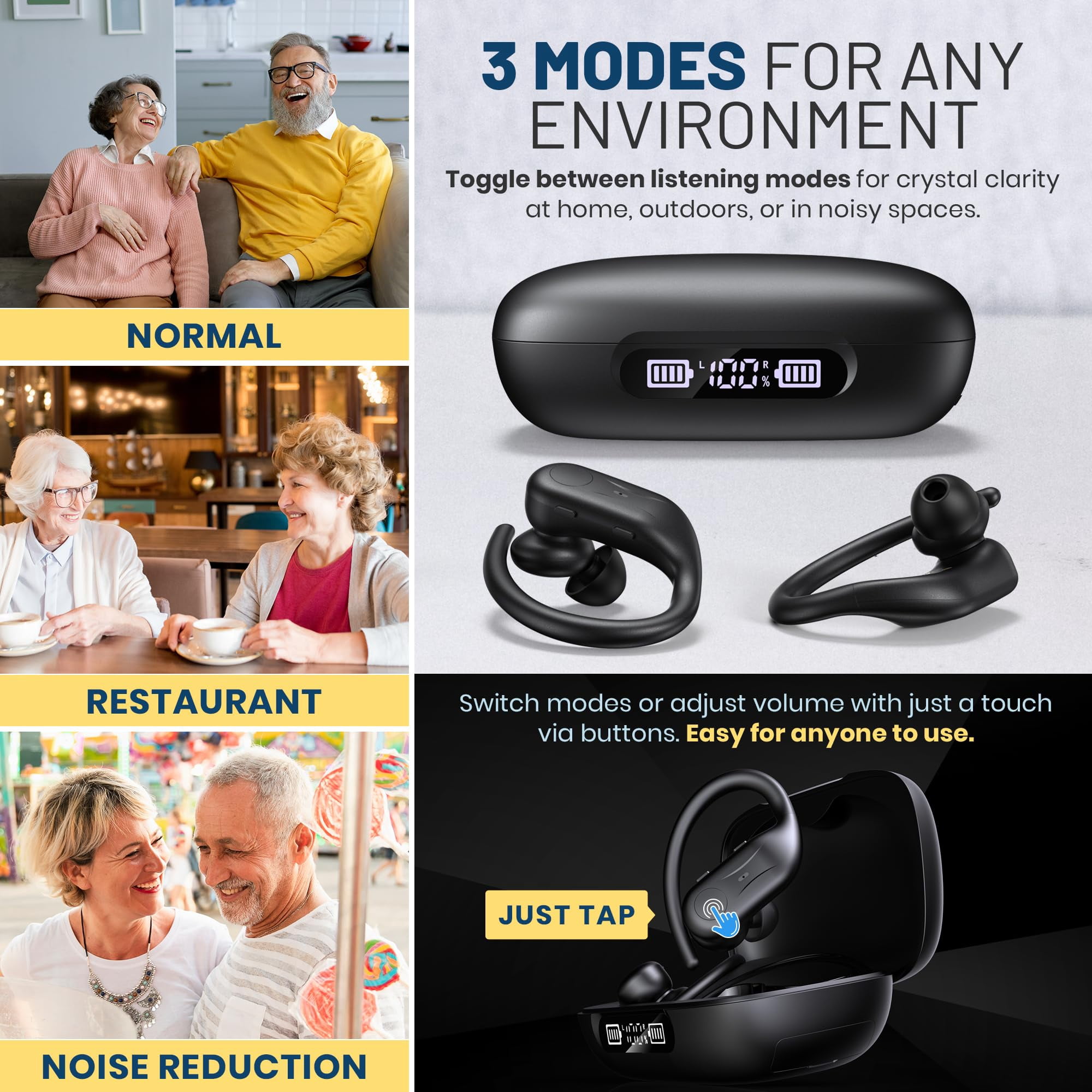 Rechargeable Bluetooth Hearing Aids for Seniors – Easy-to-Use Behind the Ear Sound Amplifier with Automatic Noise Cancelling – BTE Hearing Loss Aids for Adults Men & Women with LED Charging Case