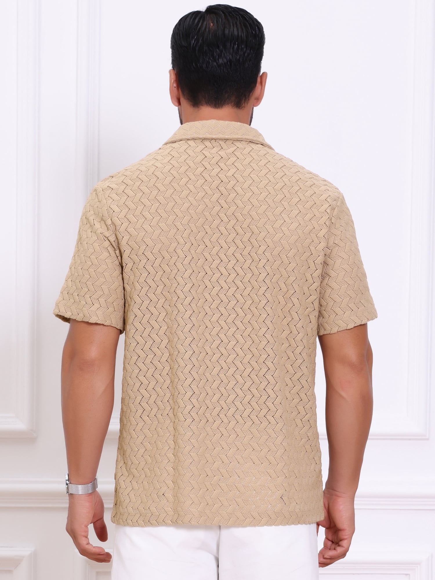 DARING DIVA Men's Hollow Jacquard Camp Collar Short Sleeve Beach Texture Shirts 3XL Khaki