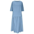 thumbnail image 4 of NaWent Cotton Linen Skirt 2 Piece Set Women's Summer Solid Round Neck 3/4 Sleeve Tops Skirt Suit Light Blue XL, 4 of 6