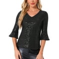 thumbnail image 1 of TOP DE LENTEJUELAS INSPIRADOR CHIC PARA MUJERES CON MANGAS DE CAMPANA 3/4 Y CUELLO EN V METÁLICO BRILLANTE BLUSA DE FIESTA XL NEGRO, 1 of 5