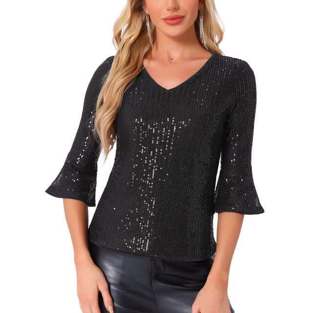 TOP DE LENTEJUELAS INSPIRADOR CHIC PARA MUJERES CON MANGAS DE CAMPANA 3/4 Y CUELLO EN V METÁLICO BRILLANTE BLUSA DE FIESTA XL NEGRO