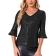 thumbnail image 1 of Top de lentejuelas INSPIRE CHIC para mujer con mangas de campana 3/4, escote en V, metálico, brillante y con purpurina, blusa de fiesta S negra, 1 of 5