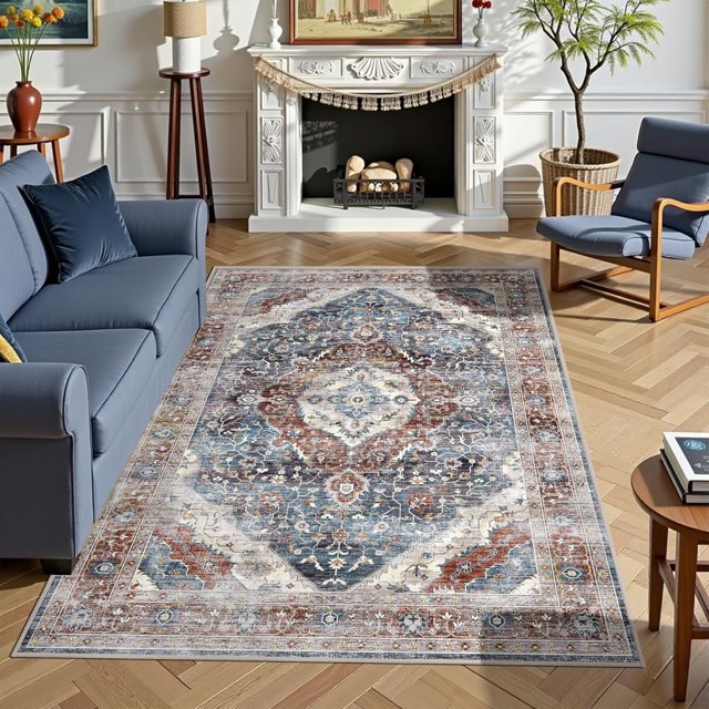 Boho Vintage Round Rug ft- Faux Wool Dreely Washable Area Rug Small Distressed Throw Rugs Floor Carpet for Door Mat Entryway Bedrooms Laundry (Round - ; Diameter Border )
