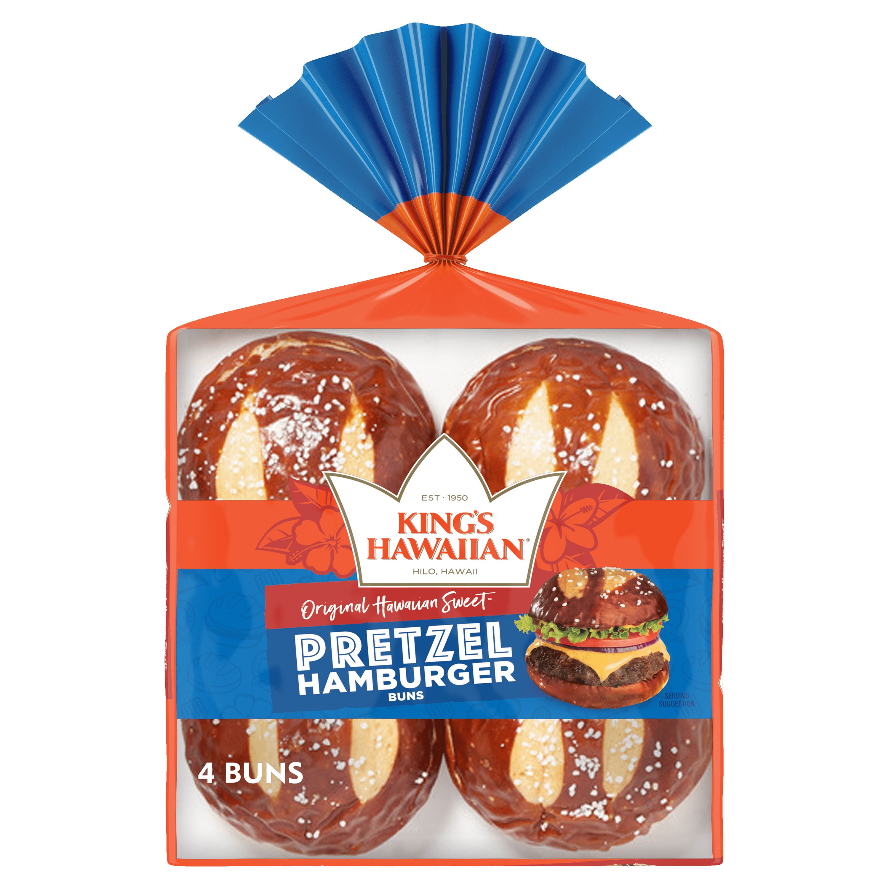 King's Hawaiian Pretzel Hamburger Buns 4 Count, 10.5 oz, Shelf-Stable
