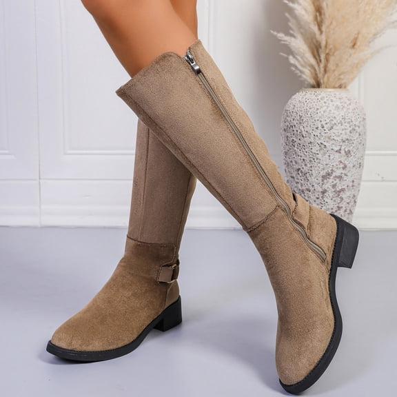 Fnooota Women's Knee High Boots, Side Zipper Non Slip Pointed Toe PU Fall Winter Shoes Beige Size 7