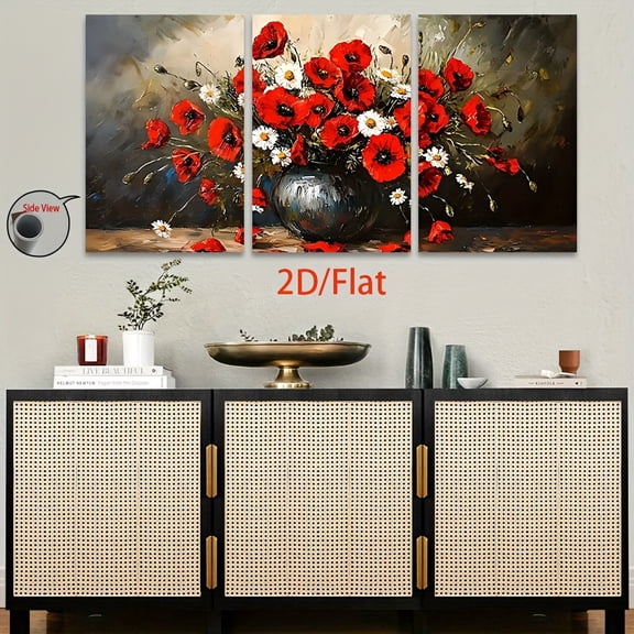 2D Flat, [JIT]3pcs/set, 2D Flat canvas paintings- frameless, Vibrant Poppy and Daisy Bouquet in Vase Art Print for Home Decor Posters and prints, Halloween gifts, Christmas gifts, home decor, holida