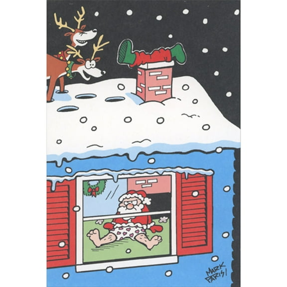 Recycled Paper Greetings Santa Loses His Pants at Top of Chimney Humorous / Funny Christmas Card
