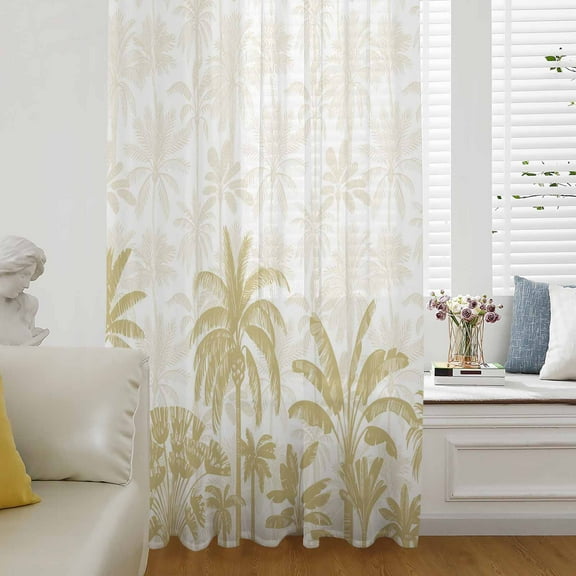 Palm Trees Semi Sheer Curtains Drapes for Living Room,Bedroom,French Doors Window 96 Inches Long,Yellow Tropical Plants Summer Forest Scenery Rod Pocket Chiffon Curtain Drapery Voile Draperies Panel