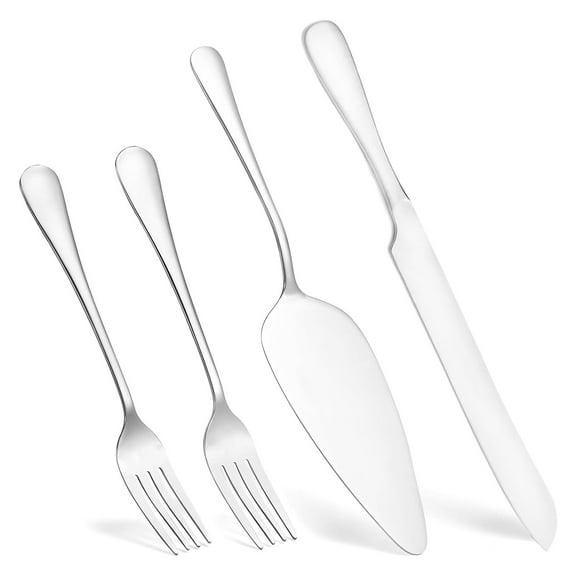 4-Piece Silver Wedding Cake Knife and Server Set: Stainless Steel Cake Knife, Server & Bride/Groom Forks for Ceremonies, Anniversaries