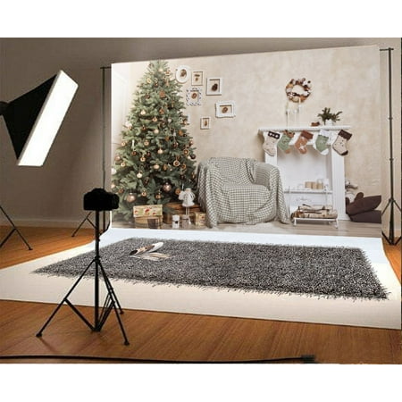 Image of MOHome 7x5ft Christmas Backdrop Photography Background Xmas Tree Decoration Candles Socks Wood Floor Sofa New Year Festival Celebration Children Baby Kids Photos Video Studio Props