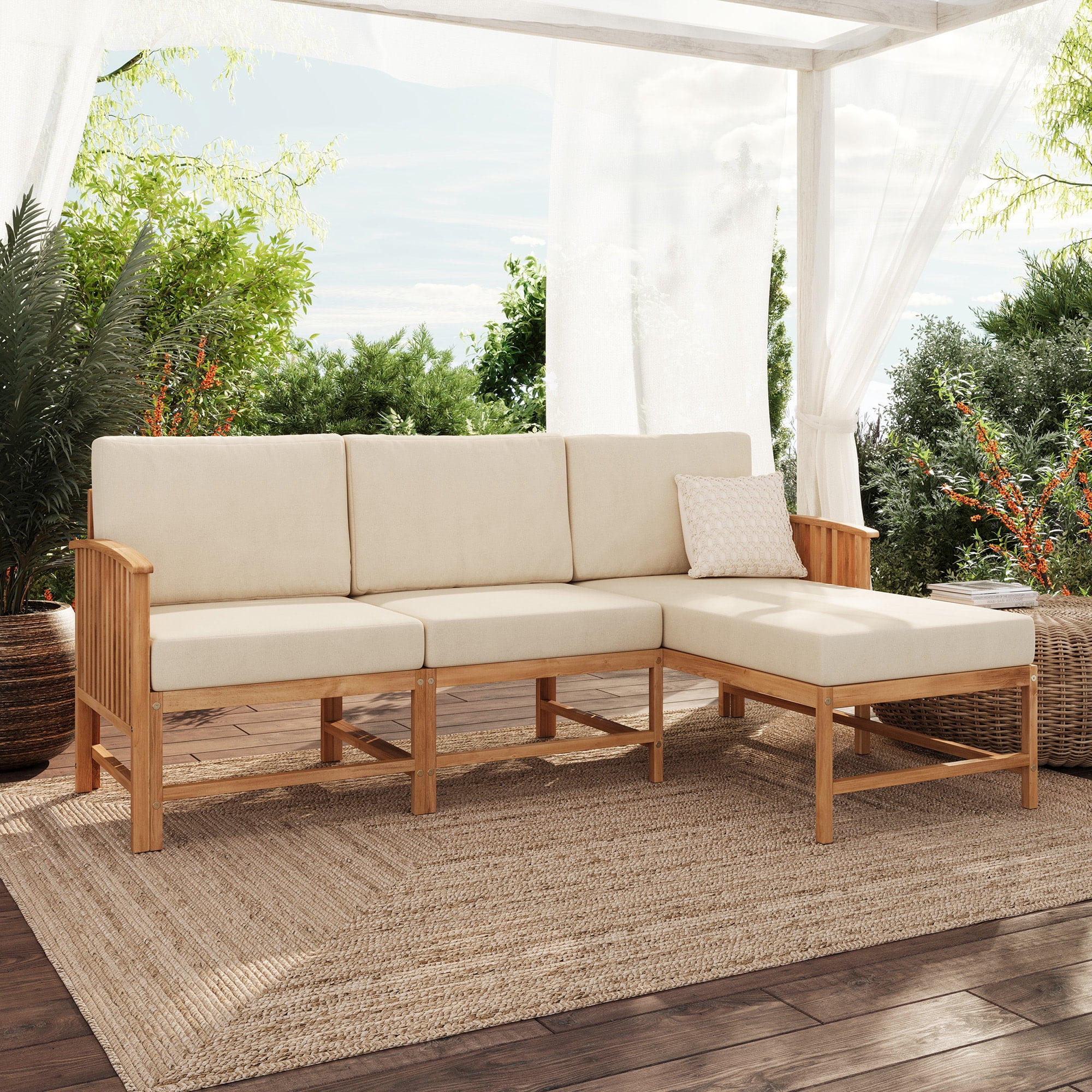 Walker Edison Modern Slatted Solid Wood 3-Piece Outdoor Sectional Set, Brown