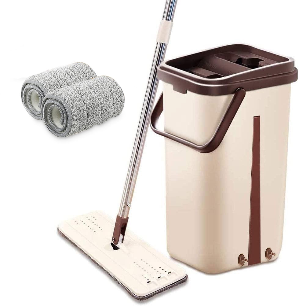 Flat Floor Mop and Bucket Set with 2 Resuable Microfiber Pads, Wet & Dry Self Drying Cleaning