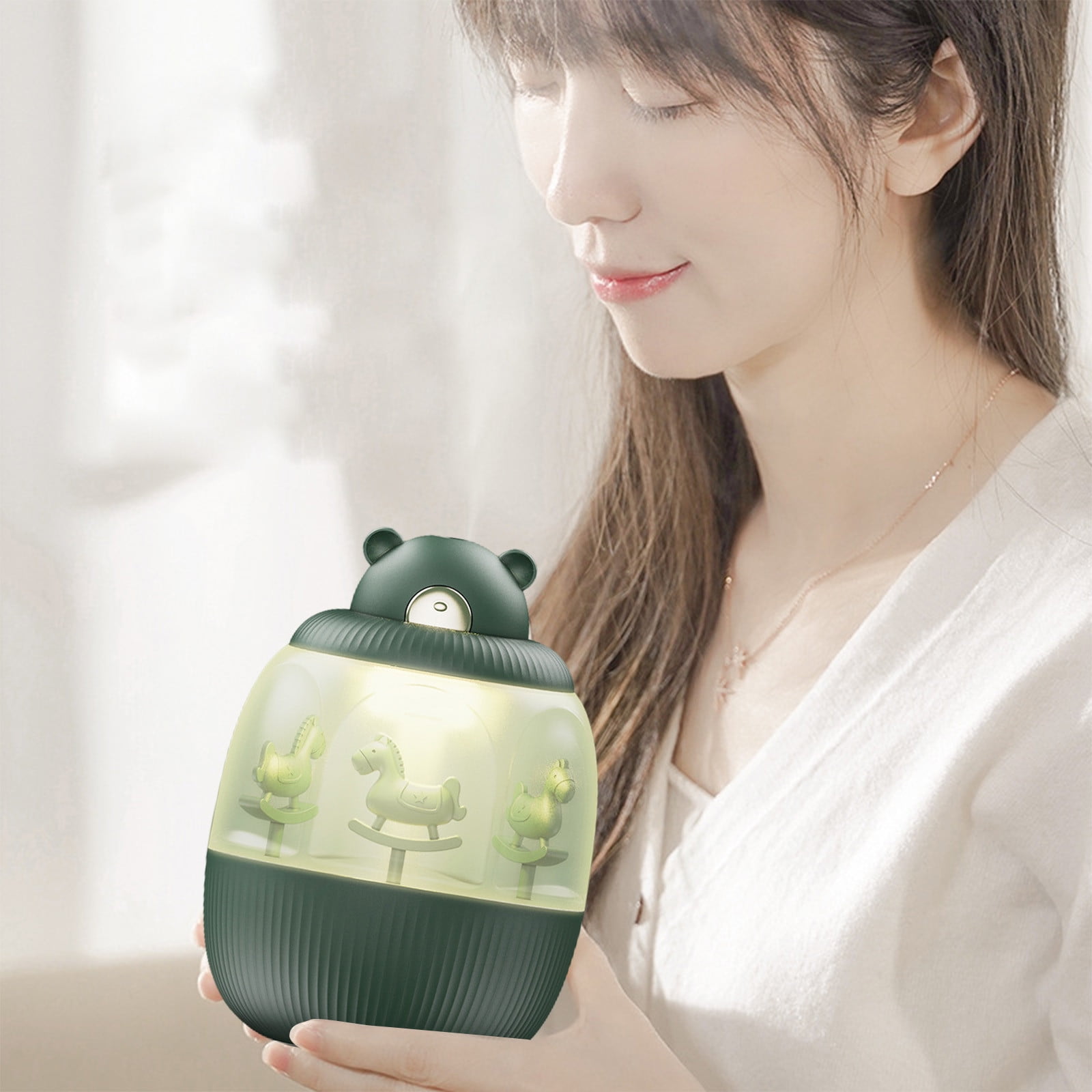 Uandlove Air Humidifier Mini Humidifiers Cute Micrometer Mist Humidifier With Light Carousel Music Box For Office Home Desk Green