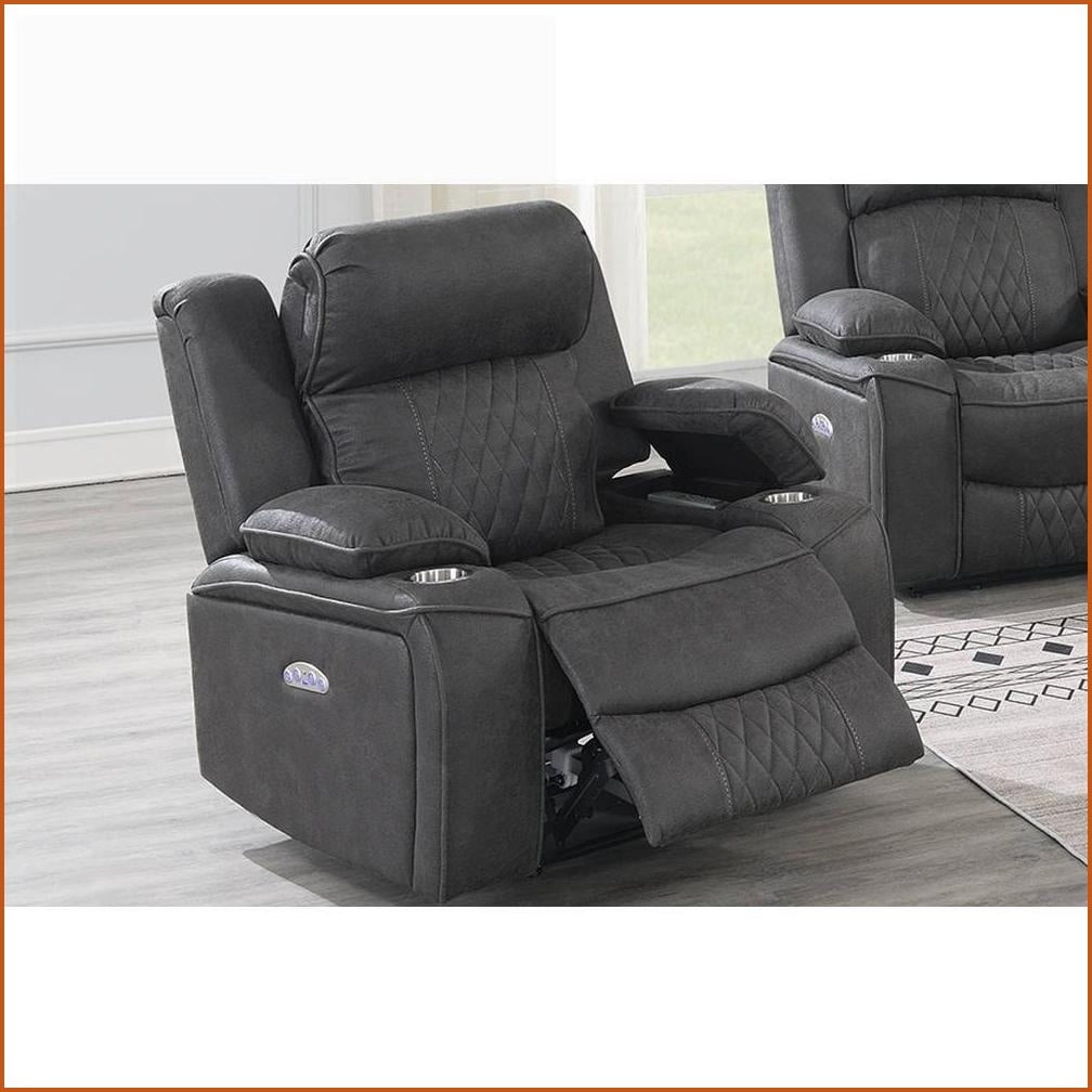 Recliners, Power Motion Contemporary Charcoal Gel Leatherette Recliner with Storage Arms, Cup Holder & USB | Compact | Easy Assembly