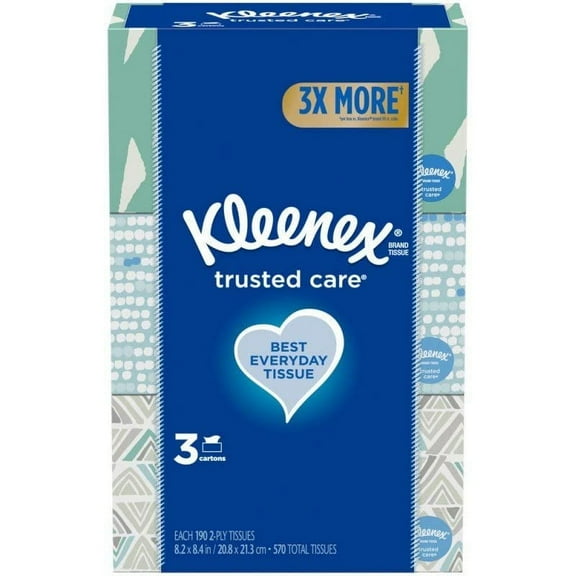 Kleenex Trusted Care Facial Tissues, 3 Flat Boxes, Family Size White, 190 Count Tissues per Box