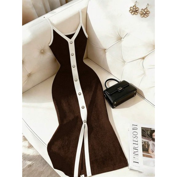 Womens Coffee Knit Midi Dress, Slim-Fit V-Neck Sleeveless Dress With Pearl