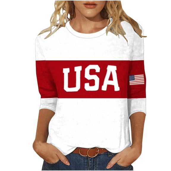 Womens USA Tshirt 3/4 Sleeve Patriotic Shirts Tee Loose Casual Tunic Tops 4th of July Outfits for Women Red, L