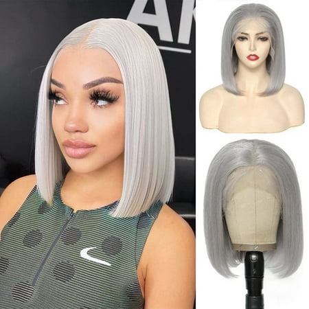 Grey Bob Wig Human Hair 13x4 Lace Front Wigs Pre Plucked Natural Hairlinewith Baby Hair 150% Density Brazilian Hair Short Straight for Black Women（Grey,12inch）