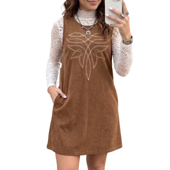 TinyCribz Women's Corduroy Shift Dress, Geometric Western Embroidery XL