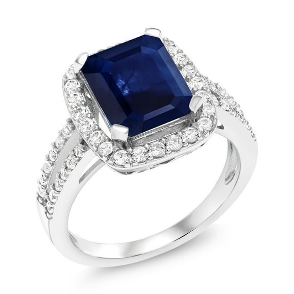 Gem Stone King 4.03 Cttw Blue Sapphire Engagement Ring for Women | 925 Sterling Silver | 10X8MM Emerald Cut | Wedding Engagement Anniversary Promise Ring for Women| Size 8