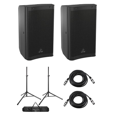 Behringer DR110DSP 10" 1000W 2-Way Active PA Powered Speaker, Pair, Bundle with Speaker Stands and XLR Cables