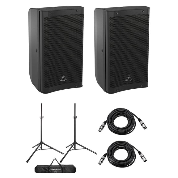 Behringer DR110DSP 10" 1000W 2-Way Active PA Powered Speaker, Pair, Bundle with Speaker Stands and XLR Cables