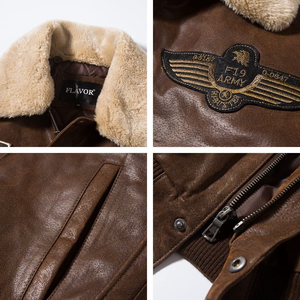 FLAVOR Men's Real Leather Bomber Jacket with Removable Collar Aviator (XL, Brown)