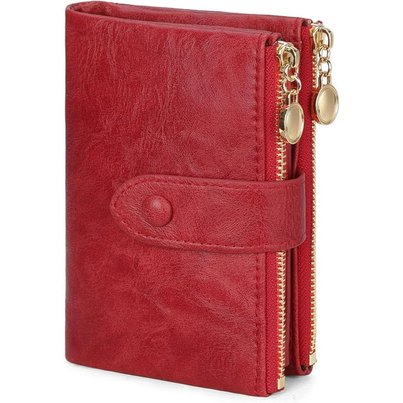 Small Wallets for Women Leather RFID Blocking Bifold Double Zipper Pockets Wallet Card Case Purse with 2 ID Windows, Red, Classic