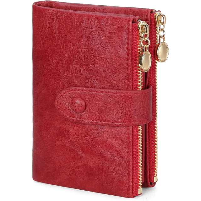 Small Wallets for Women Leather RFID Blocking Bifold Double Zipper Pockets Wallet Card Case Purse with 2 ID Windows, Red, Classic