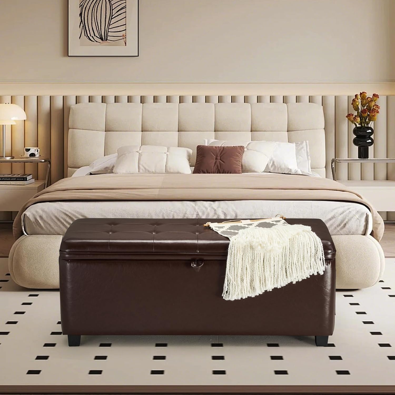 45 Inch Storage Ottoman Bench, Bench for Bedroom End of Bed, Ottoman with Storage for Living Room and Entryway (PU-Brown)