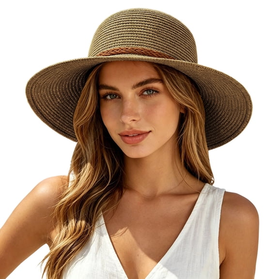 Ladies Flexible Foldable Straw‑Style Sun Cap Braided Belt Decoration Breathable Summer Beach Camping Sightseeing Sun Hat