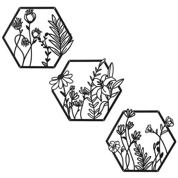 Set de 3 flores metálicas OYEFLY para decoración de pared, diseño de granja, color negro