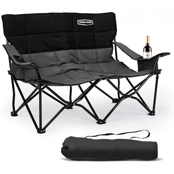 Double Camping Chair, Oversized Folding Loveseat, Camping Couch Heavy Duty, Arm Chair with Cup Hold and Cooler Bag for Festivals, Concerts, Low Seat Height-Supports 600 LBS, Black