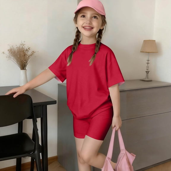 CCRFTGI Summer Outfits for Child Girls 10-12 Cute 2 Piece Outfits Short Sleeve T Shirt and Silm Biker Shorts Active Gym Clothing Sets Red 7-8 Years