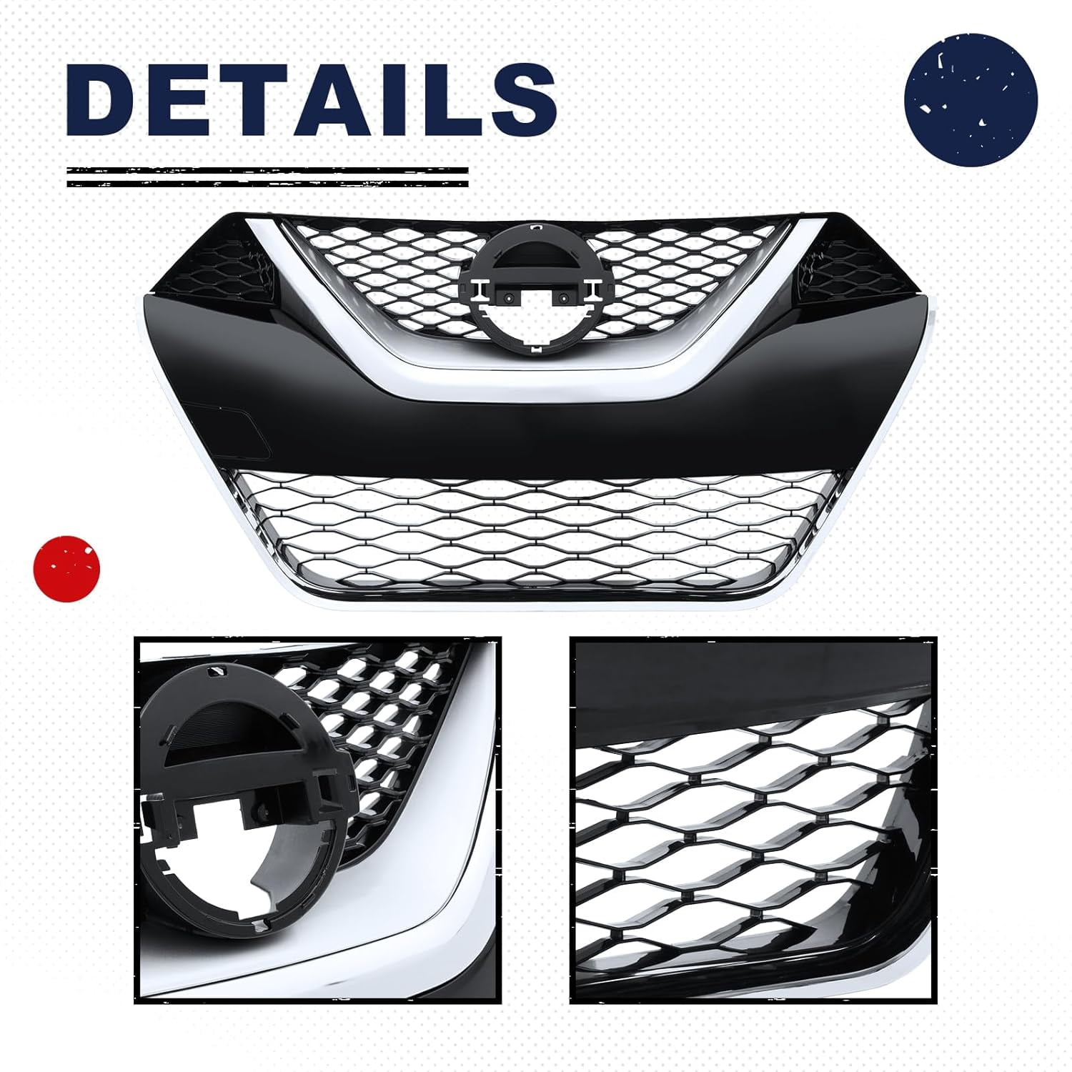 HOUGEET Front Bumper Grille Grill Fit for 2016-2018 Nissan Maxima Black Silvery Chrome Trim NI1200284 623104RA0A