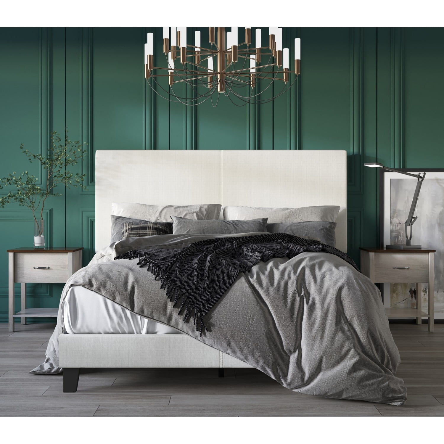 Home Design Shyla Twin Upholstered Panel Bed Frame with 2 Nightstands for Adults, Warm Gray