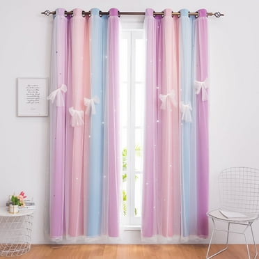 CshidWorld Blackout Curtains for Girls Kids Bedroom, Colorful Double Layer Star Cut Out Curtains for Girls Room Nursery Home Decor, 52''x 63'', 2 Panels