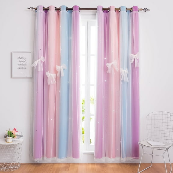 CshidWorld Blackout Curtains for Girls Kids Bedroom, Colorful Double Layer Star Cut Out Curtains for Girls Room Nursery Home Decor, 52''x 63'', 2 Panels