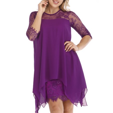 Chiffon Tunic Dress - UKAP Women's Dress Lace Chiffon Overlay Sleeveless Oversize Plus Size Dress Tunic Swing Mini Dress S-5XL