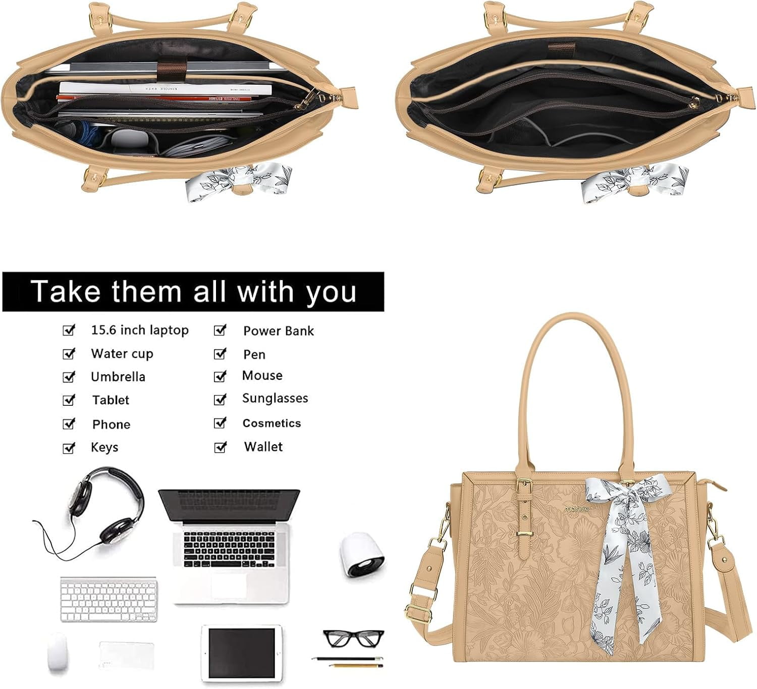 Mosiso Laptop Tote Bag for Women, 15.6-16 inch Waterproof PU Leather Travel Work Office Shoulder Messenger Handbag for MacBook Air Pro HP Dell Asus Acer Computer Satchel Bags, Apricot