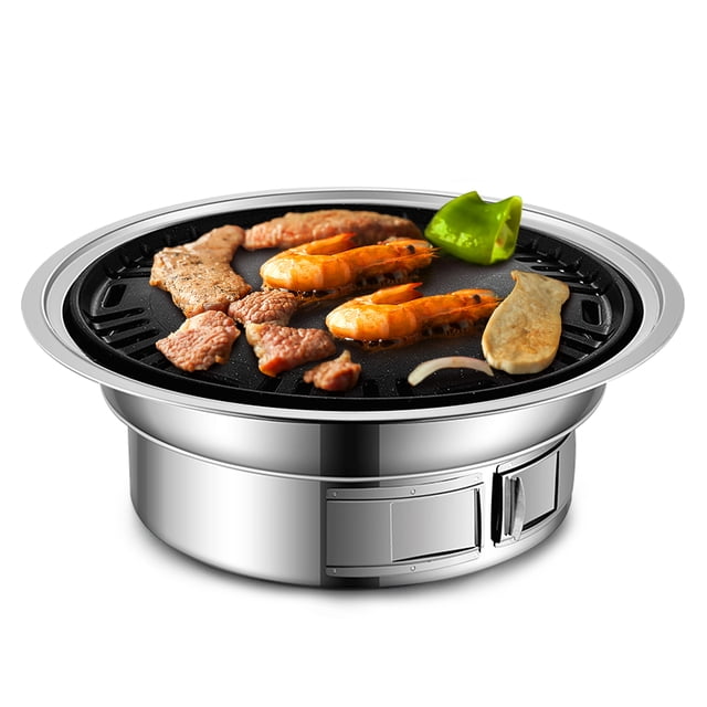 Charcoal Grill Non-stick Korean Barbecue Grill Portable Stainless Steel BBQ Charcoal Grill for Outdoor Camping Cooking Silver