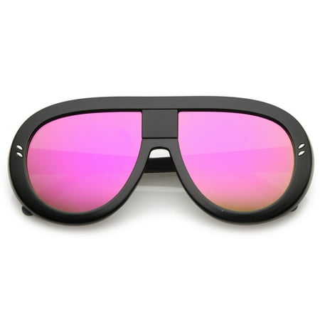 Oversize Chunky Teardrop Shape Mirrored Flat Lens Aviator Sunglasses 58mm (Black-Black / Magenta-Yellow Mirror)