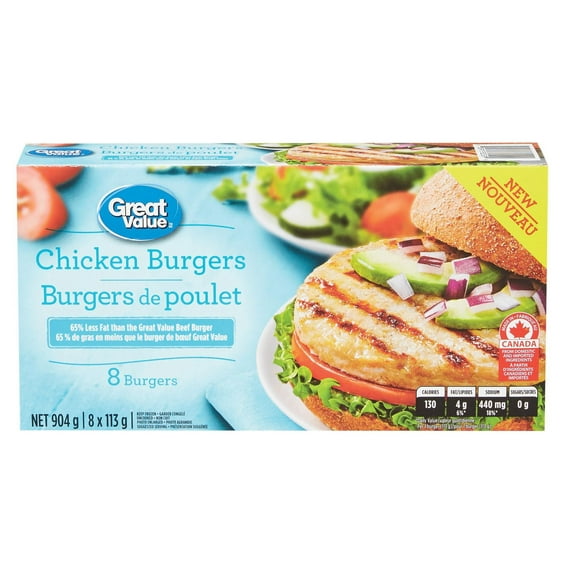 Great Value Frozen Chicken Burgers, 8x113g, 904g