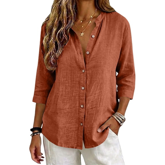 Duoif Women's V Neck Button 3/4 Sleeve Linen Blouse Loose Fit Solid Color Summer Top 2026, Burgundy, L