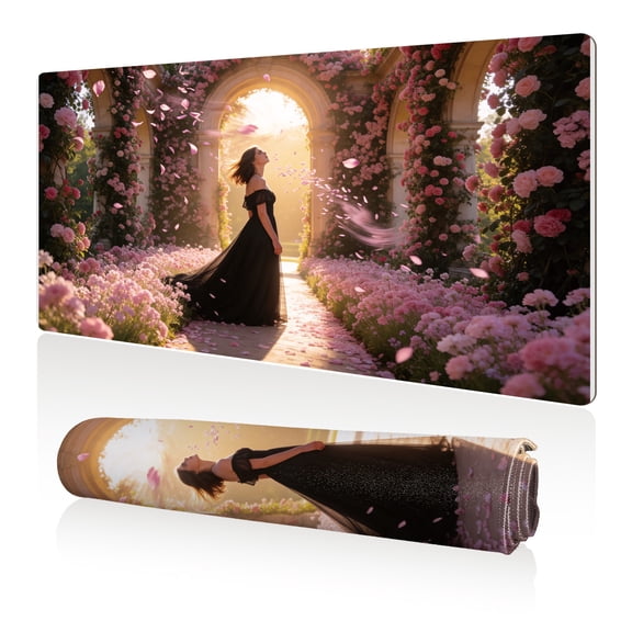 LIVEKEY Mouse Pad 80x40cm Extra Large Non Slip Stitched Durable Easy Clean Woman in Black Dress Pink Rose Garden Archway for Gaming Office