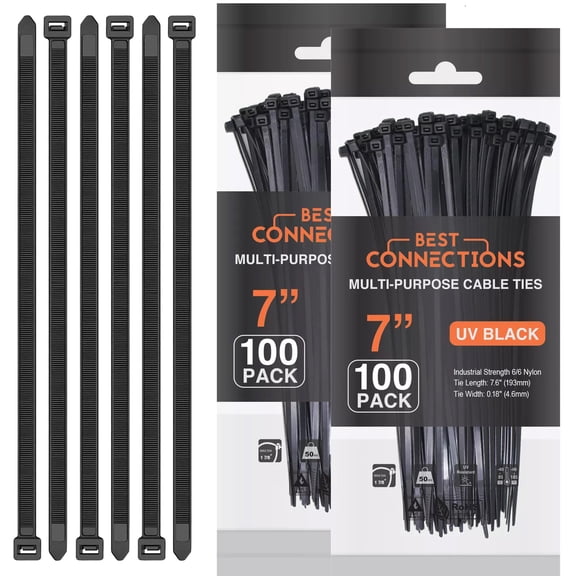 Best Connections 200 Piece 7" Nylon Cable Ties, 50 Lb Tensile Strength, 100 Pack