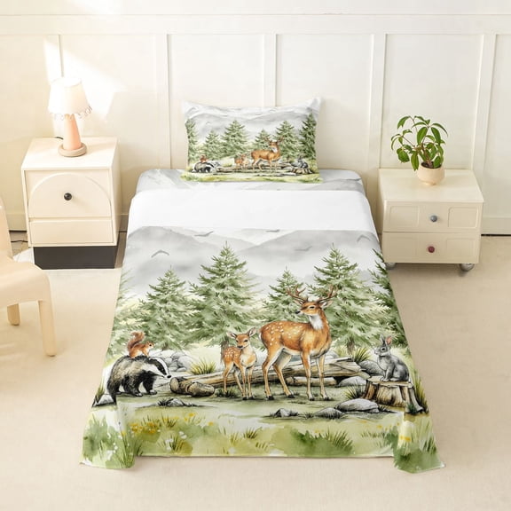 Manfei Kawaii Squirrel Twin Sheets,Cute Deer Bedding,Green,3pcs,1 Fitted Sheet and 1 Pillowcase