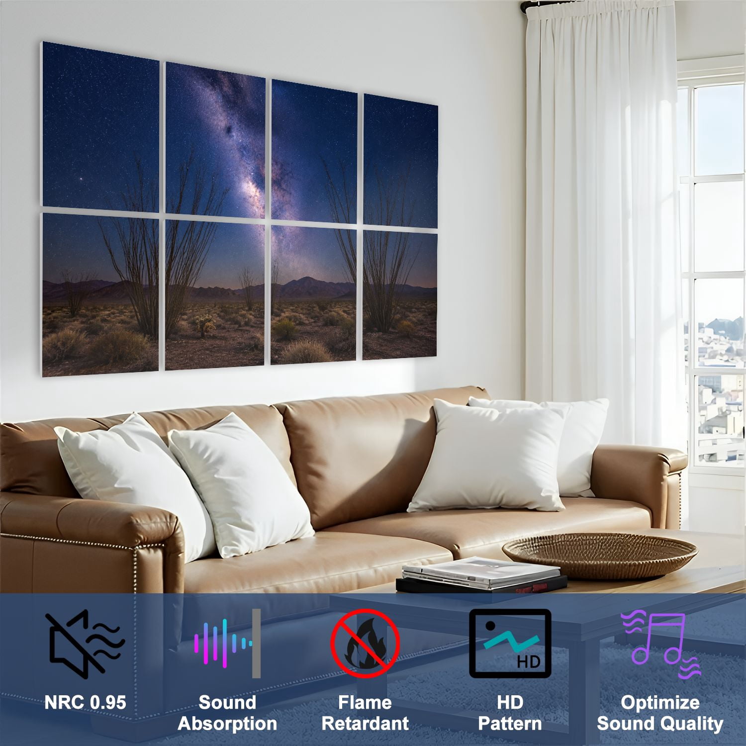 8 Pack Art Acoustic Panels Sound Absorbing Arizona Desert Ocotillo Milky Way Decorative Soundproof Wall Panels Self Adhesive for Nursery Game Room Bedroom 48"x32"