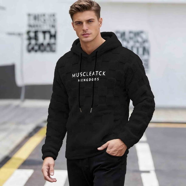 Ceisia Men's Oversize Hooded Checkered Plush Letter-Printed Polyester Sweatshirt Gift