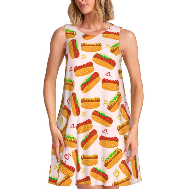 Balery Hot Dog In Heart Vestidos de verano para mujer con estampado: vestido holgado sin mangas, vestido playero informal y cómodo para días calurosos.